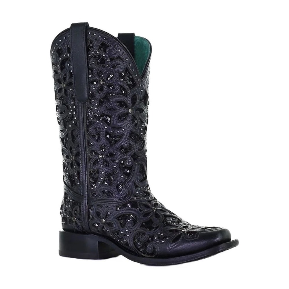 NEW Corral A4128 Black Inlay Embroidery Studded Western Cowboy Boots 7.5B